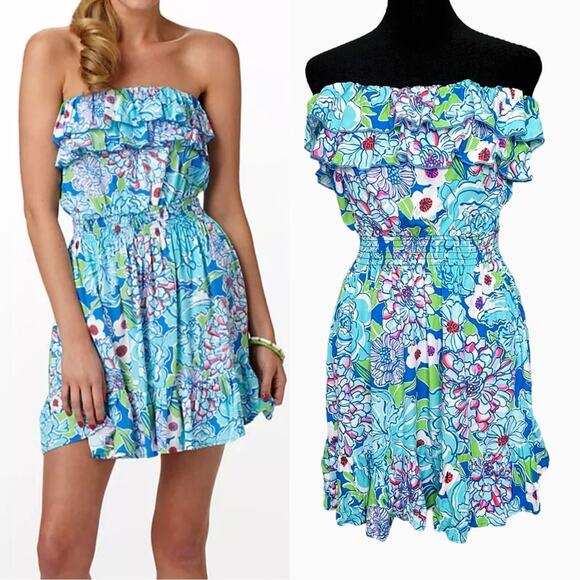 Lilly Pulitzer Dress Quincy Worth Blue May Flowers Strapless Beach Vacation S - Picture 1 of 14